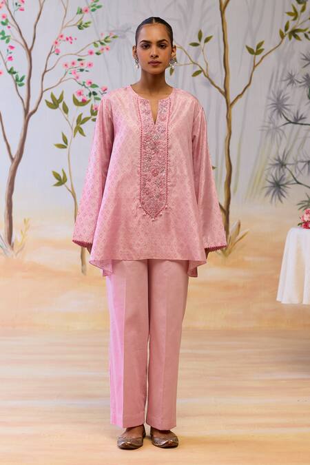 Shop Shikha Mehta Pink Silk, Cotton Sequins, Embroidery Split V-neck Tunic Pant Set Online at Aza Fashions Shop_Shikha Mehta_Pink Silk, Cotton Sequins, Embroidery Split V-neck Tunic Pant Set _Online_at_Aza_Fashions