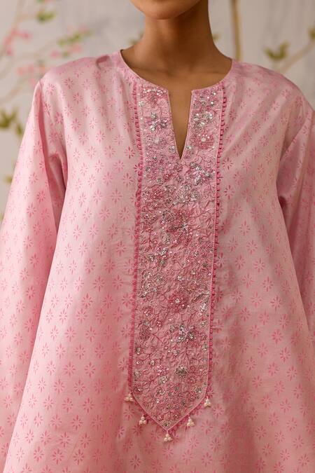 Shikha Mehta Pink Silk, Cotton Sequins, Embroidery Split V-neck Tunic Pant Set at Aza Fashions Shikha Mehta_Pink Silk, Cotton Sequins, Embroidery Split V-neck Tunic Pant Set _at_Aza_Fashions