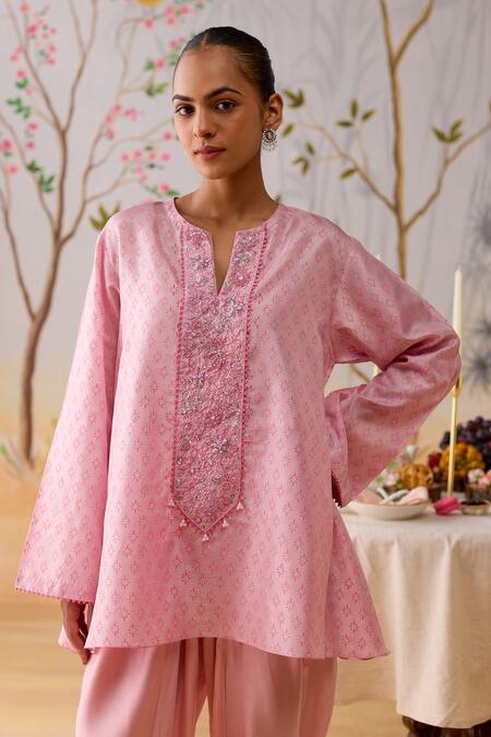 Buy Shikha Mehta Pink Silk, Cotton Sequins, Embroidery Split V-neck Tunic Pant Set Buy_Shikha Mehta_Pink Silk, Cotton Sequins, Embroidery Split V-neck Tunic Pant Set