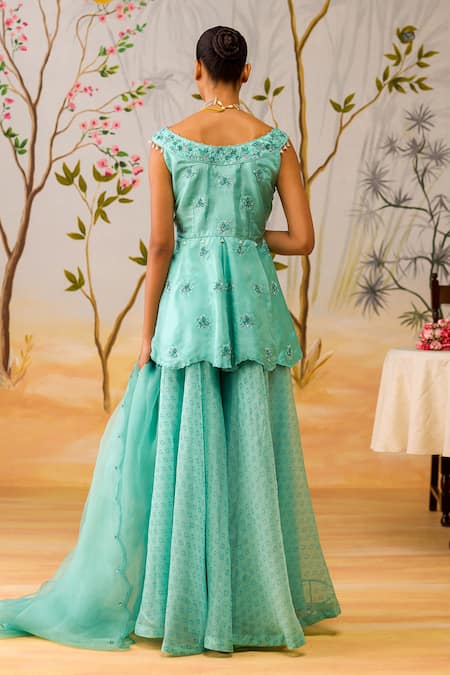 Shop_Shikha Mehta_Blue , Organza Beads Round Neck Embroidered Peplum Kurta Set _at_Aza_Fashions