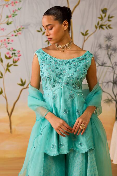 Shikha Mehta_Blue , Organza Beads Round Neck Embroidered Peplum Kurta Set _Online_at_Aza_Fashions