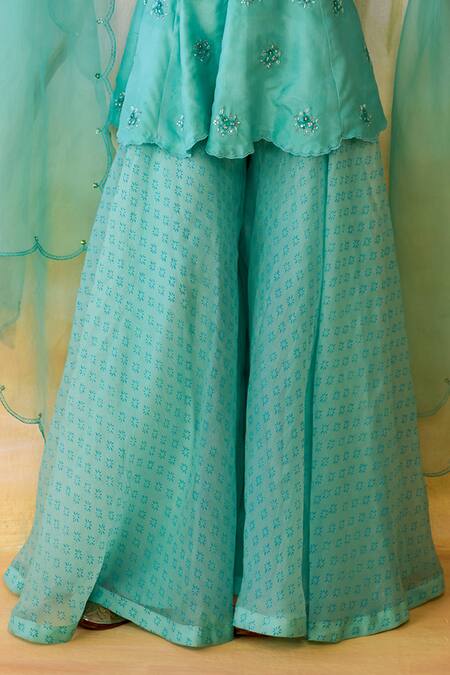 Buy_Shikha Mehta_Blue , Organza Beads Round Neck Embroidered Peplum Kurta Set _Online_at_Aza_Fashions