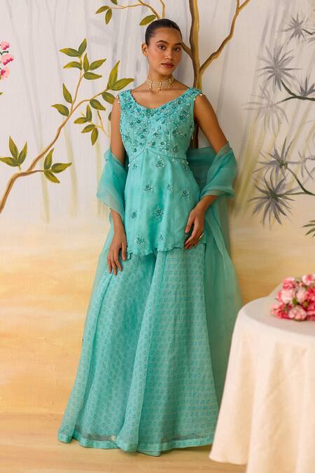 Shop_Shikha Mehta_Blue , Organza Beads Round Neck Embroidered Peplum Kurta Set _Online_at_Aza_Fashions
