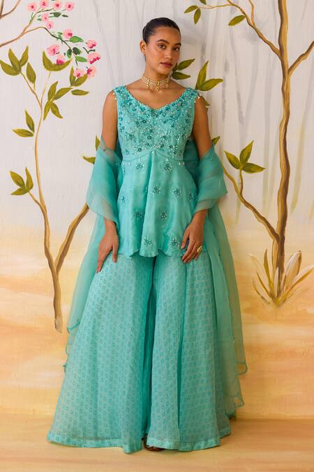 Shikha Mehta_Blue , Organza Beads Round Neck Embroidered Peplum Kurta Set _at_Aza_Fashions