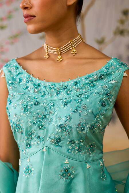 Buy_Shikha Mehta_Blue , Organza Beads Round Neck Embroidered Peplum Kurta Set 