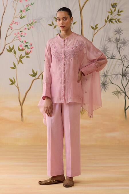Buy_Shikha Mehta_Pink Chanderi, Silk, Cotton Sequins, Beads Round Neck Embroidered Kurta Set _Online_at_Aza_Fashions
