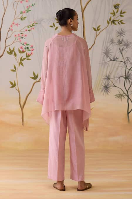 Shop_Shikha Mehta_Pink Chanderi, Silk, Cotton Sequins, Beads Round Neck Embroidered Kurta Set _at_Aza_Fashions