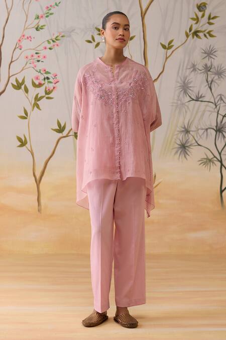 Shop_Shikha Mehta_Pink Chanderi, Silk, Cotton Sequins, Beads Round Neck Embroidered Kurta Set _Online_at_Aza_Fashions