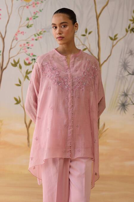 Shikha Mehta_Pink Chanderi, Silk, Cotton Sequins, Beads Round Neck Embroidered Kurta Set _at_Aza_Fashions