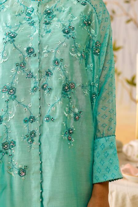 Shikha Mehta_Aqua Chanderi, Silk, Cotton Embroidery Round Neck Kurta Set _Online_at_Aza_Fashions