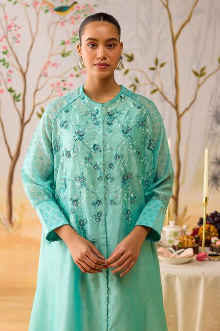 Buy_Shikha Mehta_Aqua Chanderi, Silk, Cotton Embroidery Round Neck Kurta Set _Online_at_Aza_Fashions