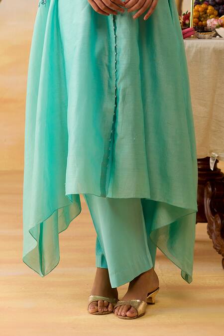 Shop_Shikha Mehta_Aqua Chanderi, Silk, Cotton Embroidery Round Neck Kurta Set _Online_at_Aza_Fashions