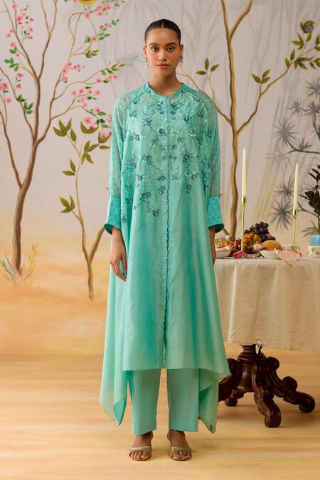 Shikha Mehta_Aqua Chanderi, Silk, Cotton Embroidery Round Neck Kurta Set _at_Aza_Fashions