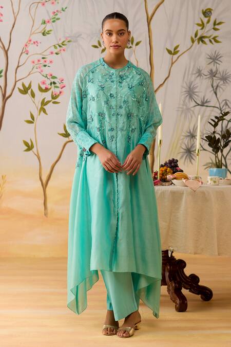 Buy_Shikha Mehta_Aqua Chanderi, Silk, Cotton Embroidery Round Neck Kurta Set 
