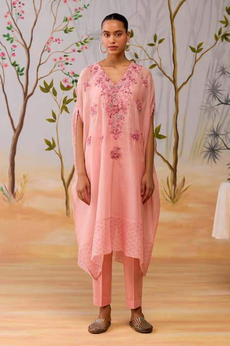 Shikha Mehta_Pink Chanderi, Silk, Cotton Embroidery V-neck Kaftan Set _Online_at_Aza_Fashions