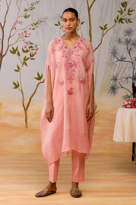 Buy_Shikha Mehta_Pink Chanderi, Silk, Cotton Embroidery V-neck Kaftan Set _Online_at_Aza_Fashions