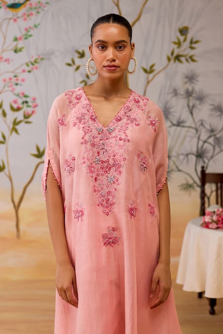Shop_Shikha Mehta_Pink Chanderi, Silk, Cotton Embroidery V-neck Kaftan Set _Online_at_Aza_Fashions