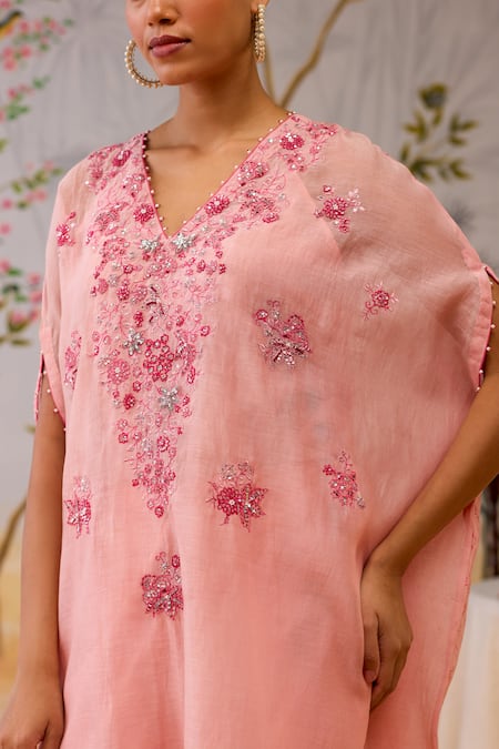 Shikha Mehta_Pink Chanderi, Silk, Cotton Embroidery V-neck Kaftan Set _at_Aza_Fashions