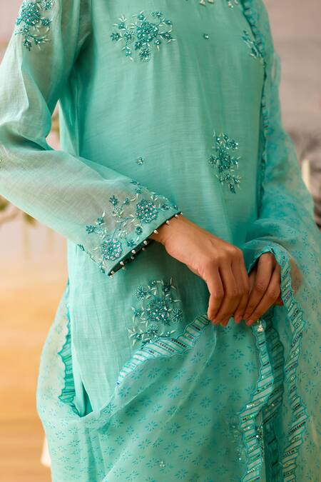 Buy_Shikha Mehta_Blue Chanderi, , Cotton, Organza Beads Embroidered Straight Kurta Set _Online_at_Aza_Fashions