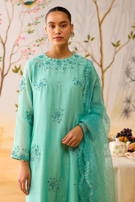 Shop_Shikha Mehta_Blue Chanderi, , Cotton, Organza Beads Embroidered Straight Kurta Set _Online_at_Aza_Fashions