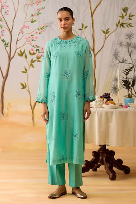 Shikha Mehta_Blue Chanderi, , Cotton, Organza Beads Embroidered Straight Kurta Set _at_Aza_Fashions