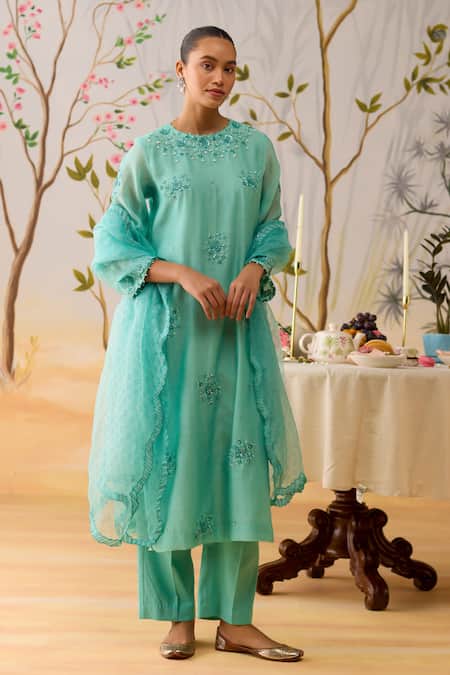 Buy_Shikha Mehta_Blue Chanderi, , Cotton, Organza Beads Embroidered Straight Kurta Set 