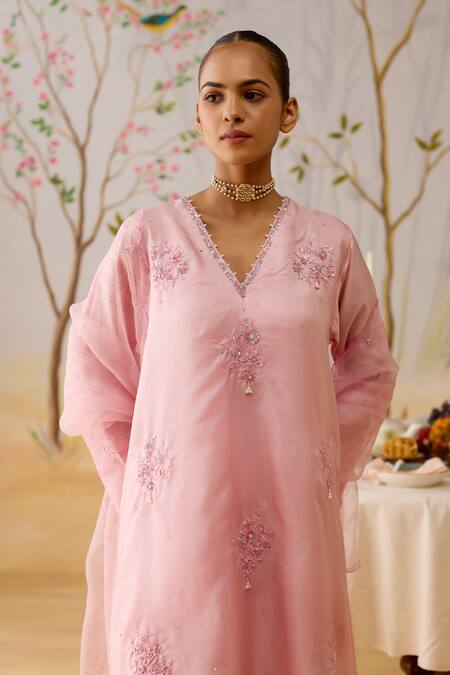 Buy_Shikha Mehta_Pink , Cotton, Organza Sequins, Embroidery V-neck Kurta Set _Online_at_Aza_Fashions