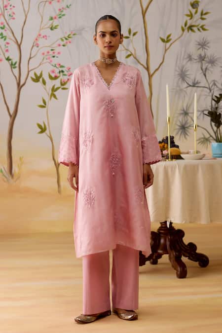 Shop_Shikha Mehta_Pink , Cotton, Organza Sequins, Embroidery V-neck Kurta Set _Online_at_Aza_Fashions