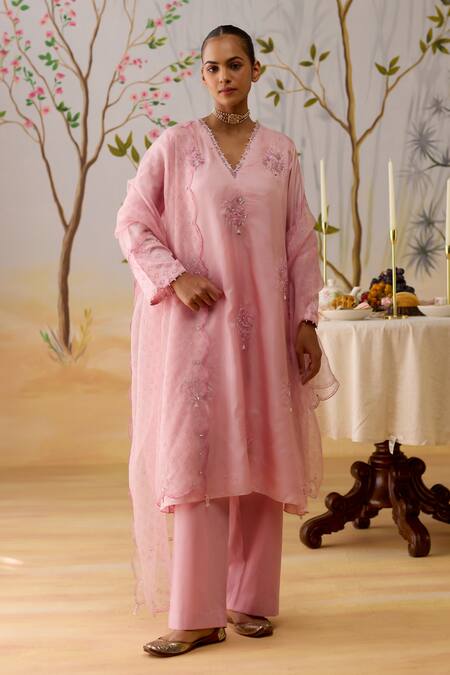 Buy_Shikha Mehta_Pink , Cotton, Organza Sequins, Embroidery V-neck Kurta Set 