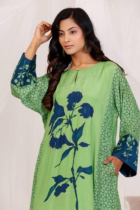 Buy_Radhika Jindal_Green Cotton, Silk Embroidery Keyhole Neck Floral Print Kurta Set_Online_at_Aza_Fashions