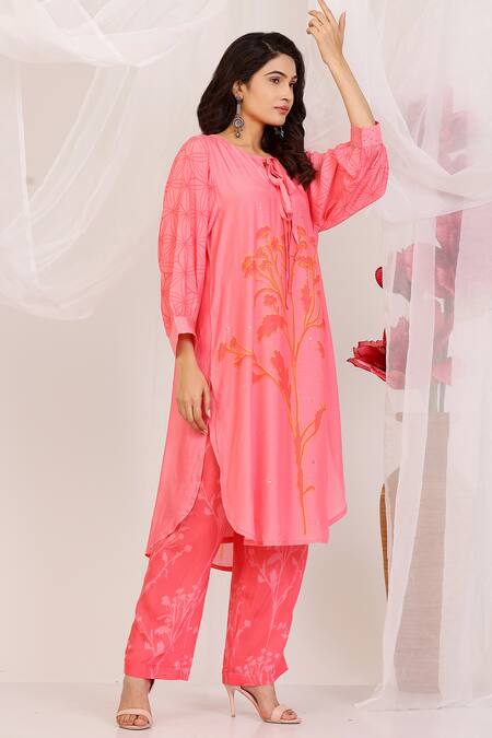 Radhika Jindal_Pink Cotton, Silk Sequins, Embroidery Round Designer Salmon And Coral Kurta Set_Online_at_Aza_Fashions