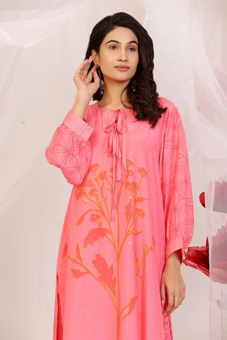 Shop_Radhika Jindal_Pink Cotton, Silk Sequins, Embroidery Round Designer Salmon And Coral Kurta Set_Online_at_Aza_Fashions