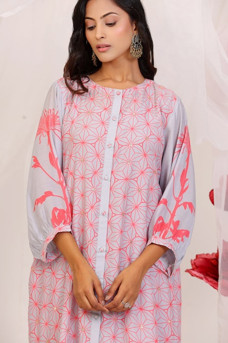 Shop_Radhika Jindal_Gray Cotton, Silk Round Neck Designer Grey And Pink Kurta Set_Online_at_Aza_Fashions