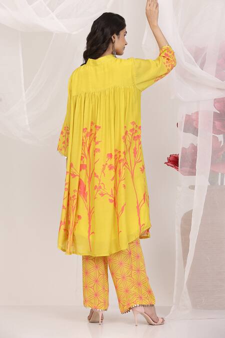 Shop_Radhika Jindal_Yellow Silk, Cotton Embroidery Mandarin Collar Floral Printed Kurta Set_at_Aza_Fashions