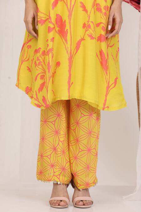 Buy Radhika Jindal Yellow Silk, Cotton Embroidery Mandarin Collar Floral Printed Kurta Set Online at Aza Fashions Buy_Radhika Jindal_Yellow Silk, Cotton Embroidery Mandarin Collar Floral Printed Kurta Set_Online_at_Aza_Fashions