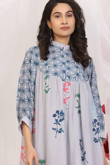 Radhika Jindal_Gray Cotton, Silk Mandarin Collar Floral Print Kurta Set_Online_at_Aza_Fashions