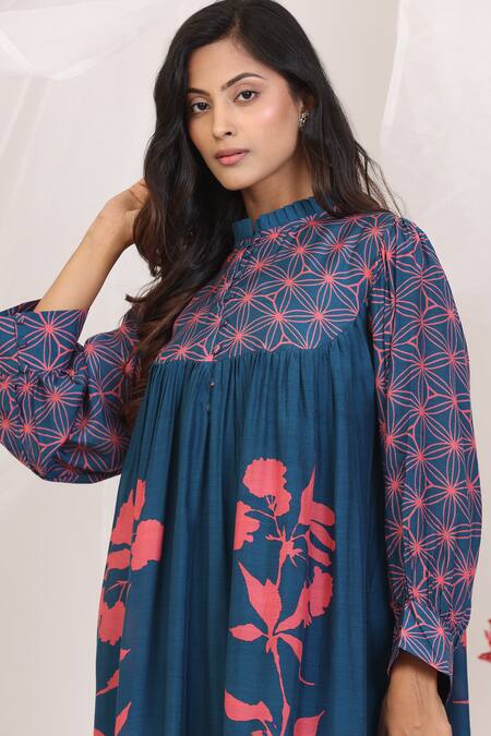 Radhika Jindal_Blue Cotton, Silk High Neck Floral Print Designer Dress_Online_at_Aza_Fashions
