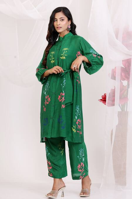 Radhika Jindal_Green Cotton, Silk Embroidery Mandarin Collar Floral Print Coord Set_Online_at_Aza_Fashions