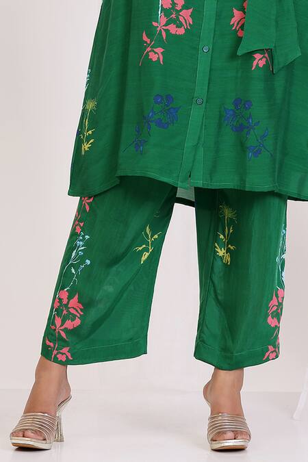 Buy_Radhika Jindal_Green Cotton, Silk Embroidery Mandarin Collar Floral Print Coord Set_Online_at_Aza_Fashions