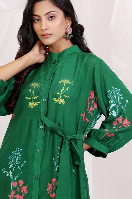 Shop_Radhika Jindal_Green Cotton, Silk Embroidery Mandarin Collar Floral Print Coord Set_Online_at_Aza_Fashions