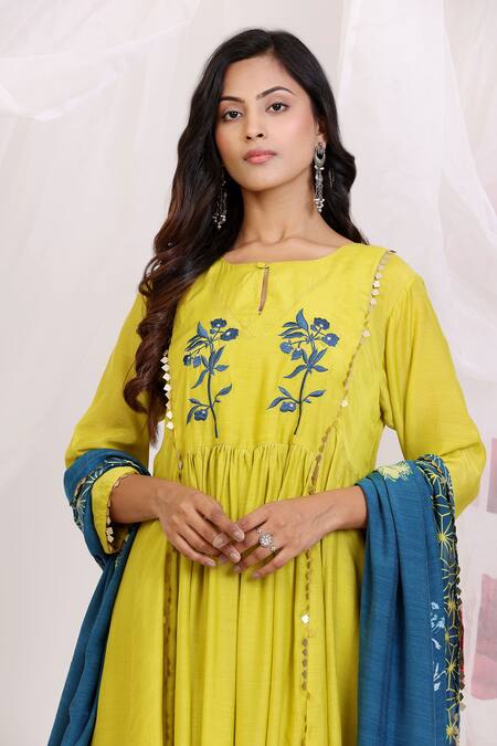 Radhika Jindal_Yellow Cotton, Silk Sequins, Embroidery Keyhole Neck Kalidar Set - Ochre_Online_at_Aza_Fashions