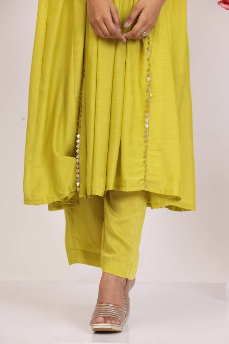 Buy_Radhika Jindal_Yellow Cotton, Silk Sequins, Embroidery Keyhole Neck Kalidar Set - Ochre_Online_at_Aza_Fashions