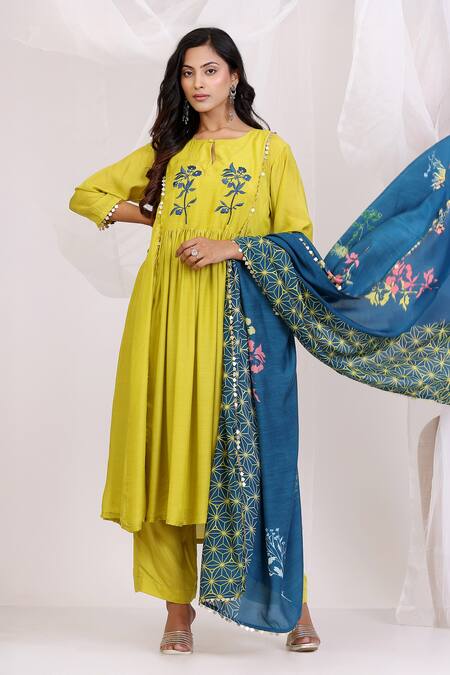 Shop_Radhika Jindal_Yellow Cotton, Silk Sequins, Embroidery Keyhole Neck Kalidar Set - Ochre_Online_at_Aza_Fashions