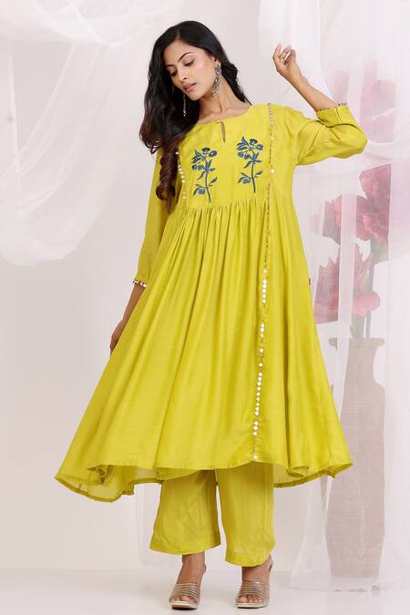 Radhika Jindal_Yellow Cotton, Silk Sequins, Embroidery Keyhole Neck Kalidar Set - Ochre_at_Aza_Fashions