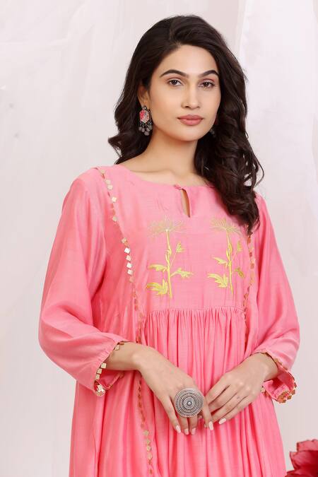 Radhika Jindal_Coral Cotton, Silk Round Neck Kalidar Set - And Ochre Yellow_Online_at_Aza_Fashions