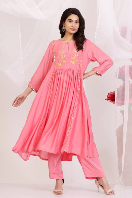 Buy_Radhika Jindal_Coral Cotton, Silk Round Neck Kalidar Set - And Ochre Yellow_Online_at_Aza_Fashions