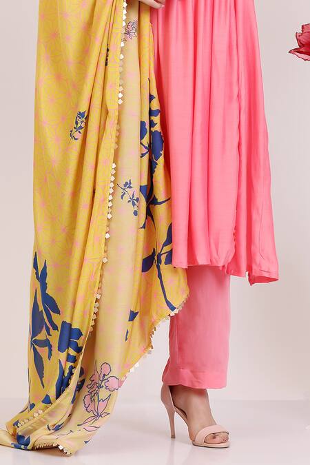 Radhika Jindal_Coral Cotton, Silk Round Neck Kalidar Set - And Ochre Yellow_at_Aza_Fashions