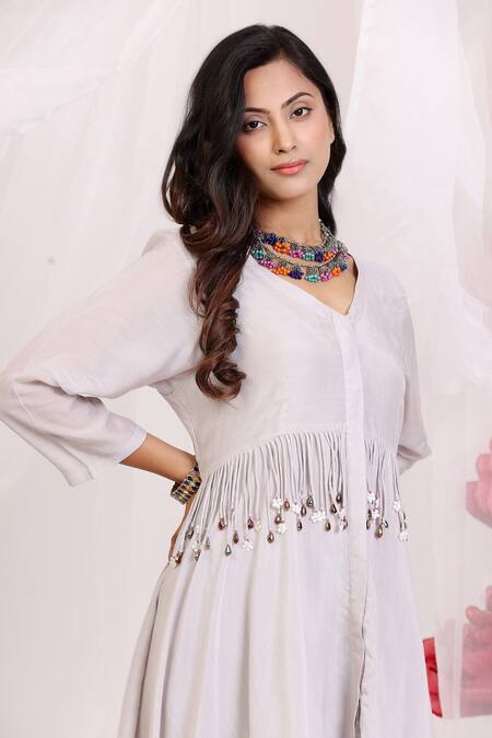 Radhika Jindal_Gray Cotton, Silk Beads, Embroidery Designer Grey And Electric Blue Kurta Set_Online_at_Aza_Fashions