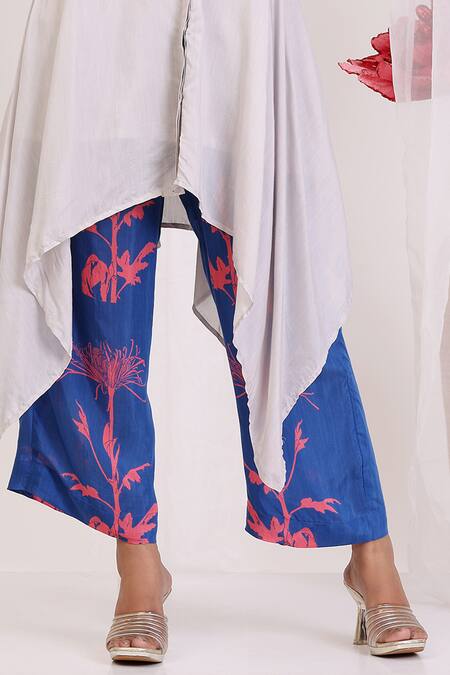 Buy_Radhika Jindal_Gray Cotton, Silk Beads, Embroidery Designer Grey And Electric Blue Kurta Set_Online_at_Aza_Fashions