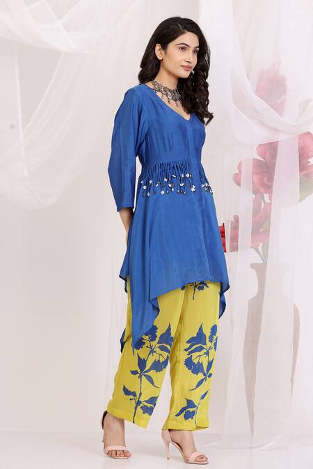 Buy_Radhika Jindal_Blue Cotton, Silk Embroidery Designer Kurta Set - Electric And Ochre Yellow_Online_at_Aza_Fashions